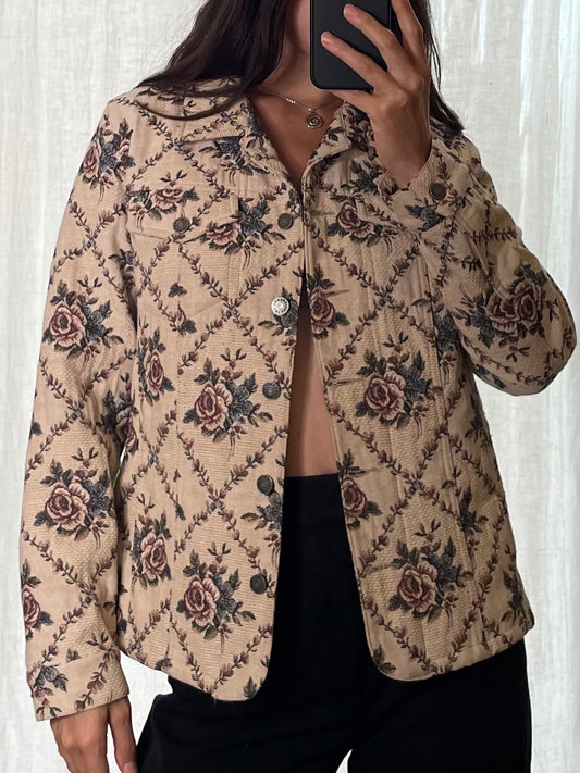 Vintage Cotton Blend Floral Beige Printed Jacket M