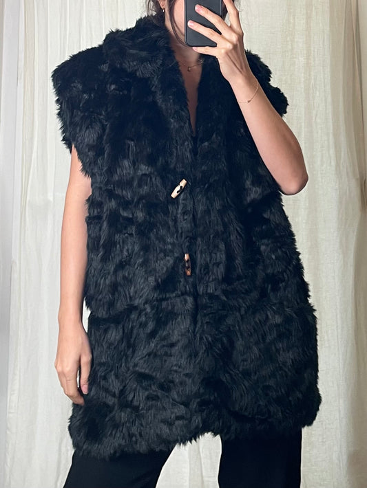 Vintage Faux Fur Black Gilet Vest Oversized M/L