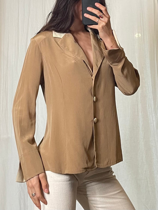 Vintage 100% Silk Nude Button Down Shirt Blouse M