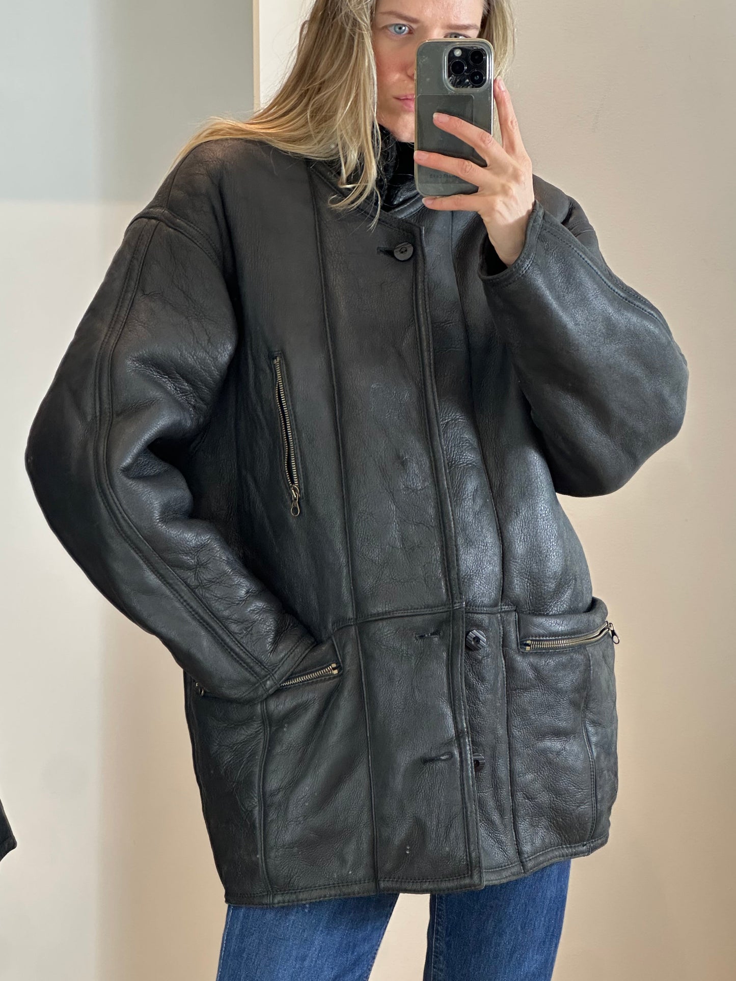 Vintage Black Shearling Jacket L