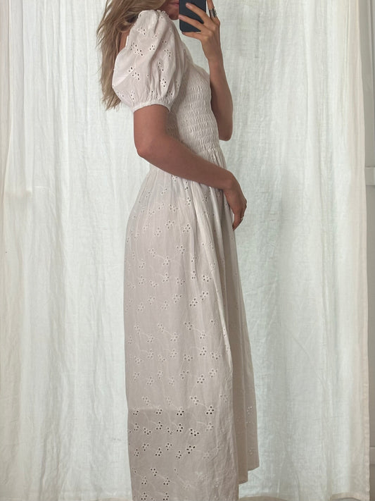 100% Cotton White Puff Sleeve Dress S