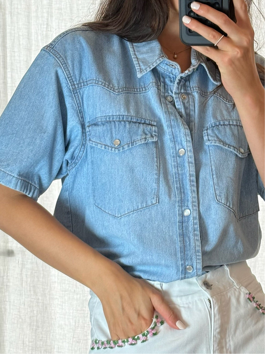 Vintage 100% Cotton Denim Short Sleeve Oversized Button Down Shirt M
