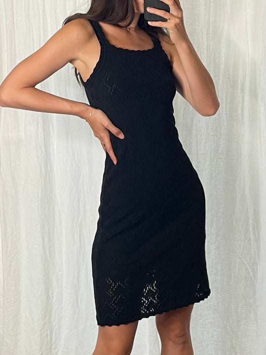 Vintage Black Knitted Cotton Blend Midi Racer Back Dress S