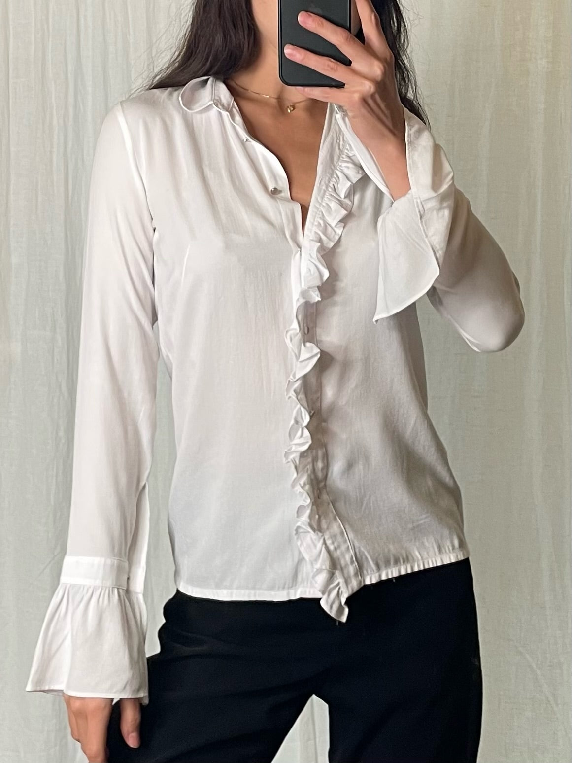 Jones White Ruffle Button Down Blouse Top S