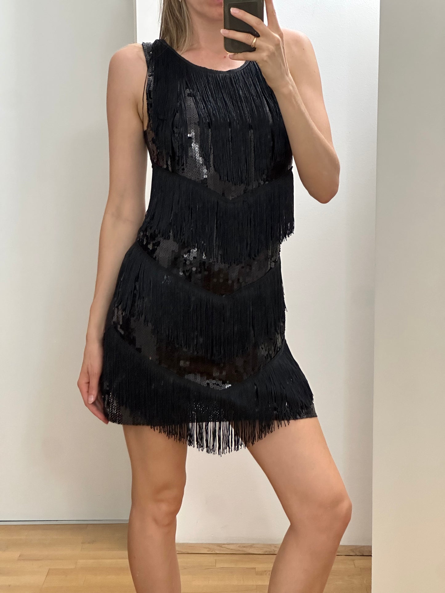 Black Sequins Fringe Dress M