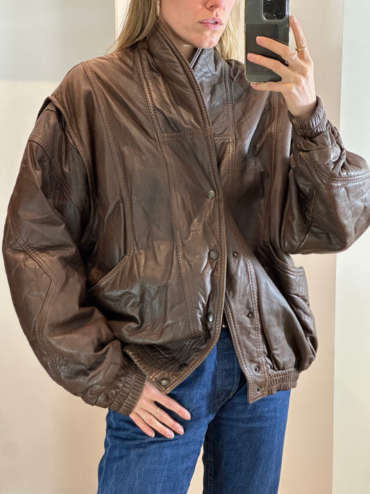 Vintage Brown Leather Bomber Jacket L/XL