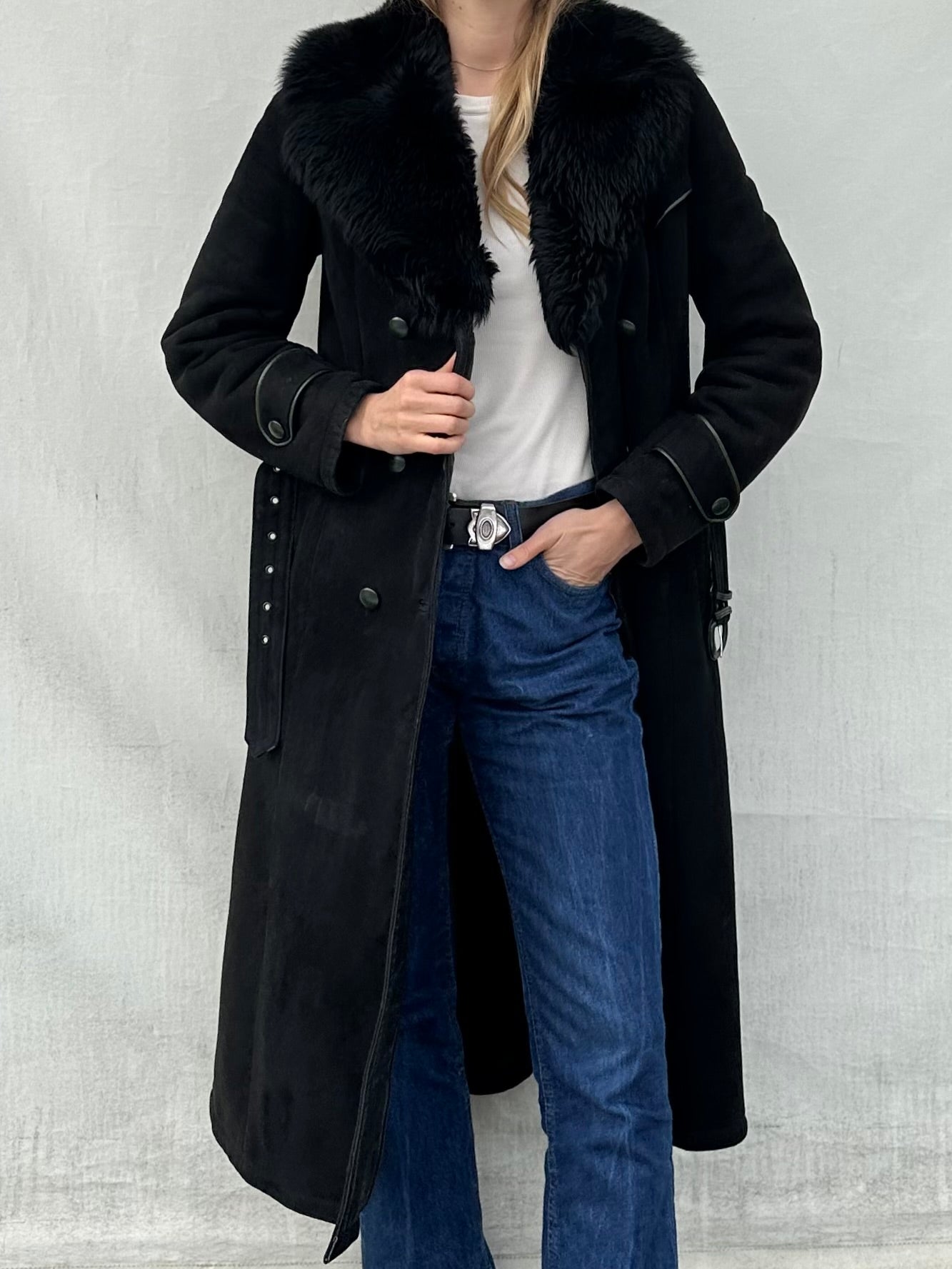 Vintage Black Shearling Coat S