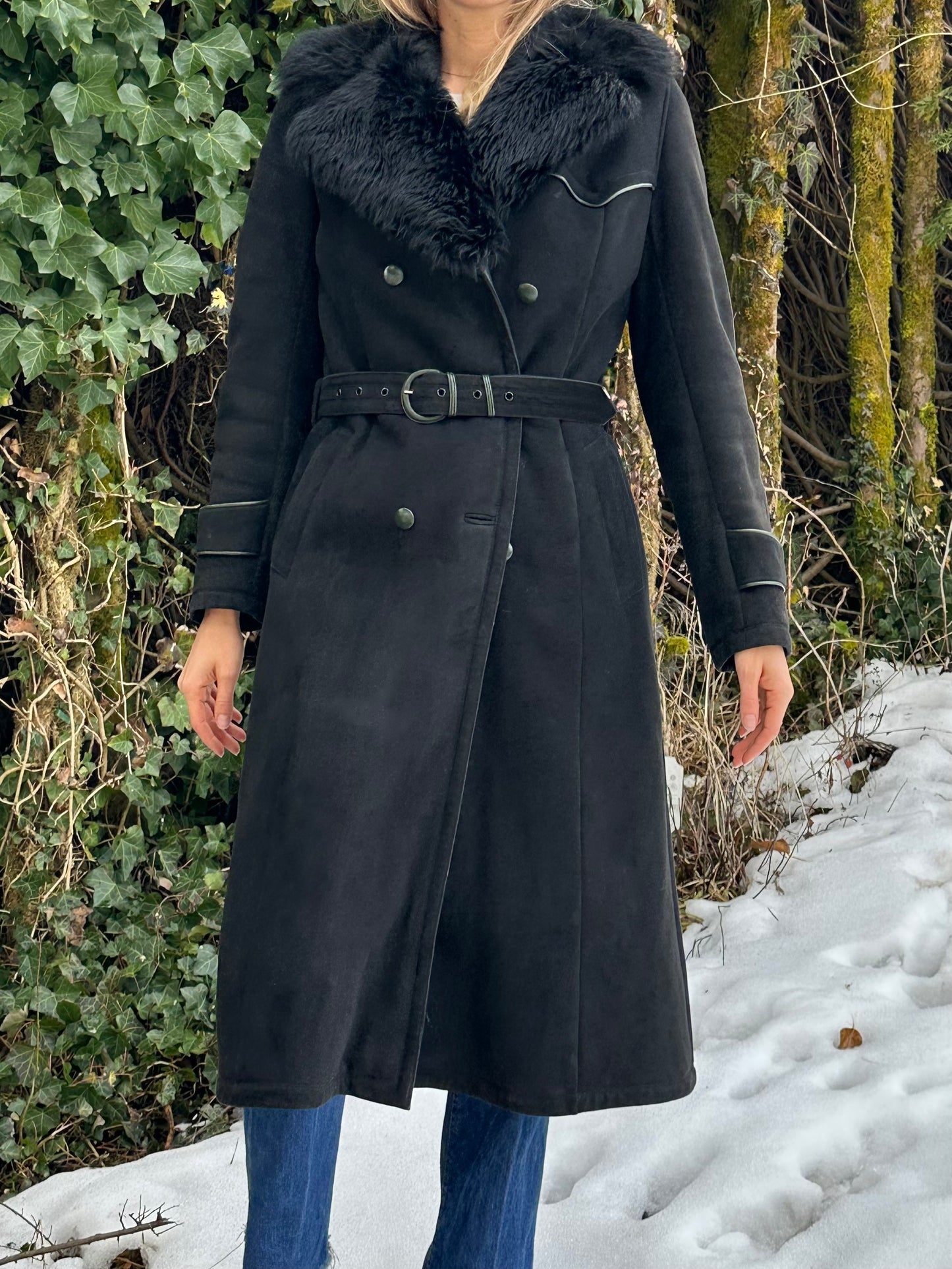 Vintage Black Shearling Coat S