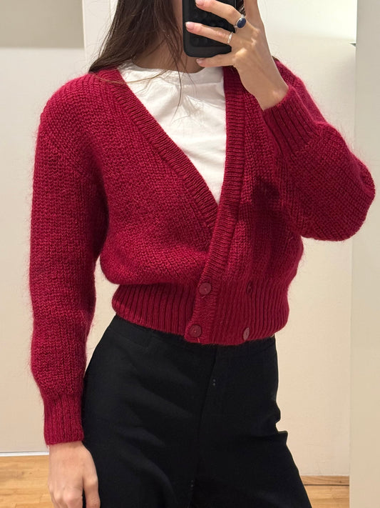 Vintage Mohair Blend Burgundy Red V-Neck Cardigan Sweater S/M