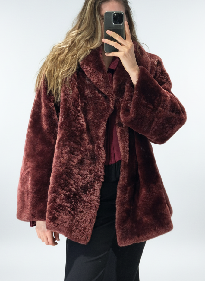 Vintage Genuine Shearling Bordeaux Red Teddy Jacket M/L