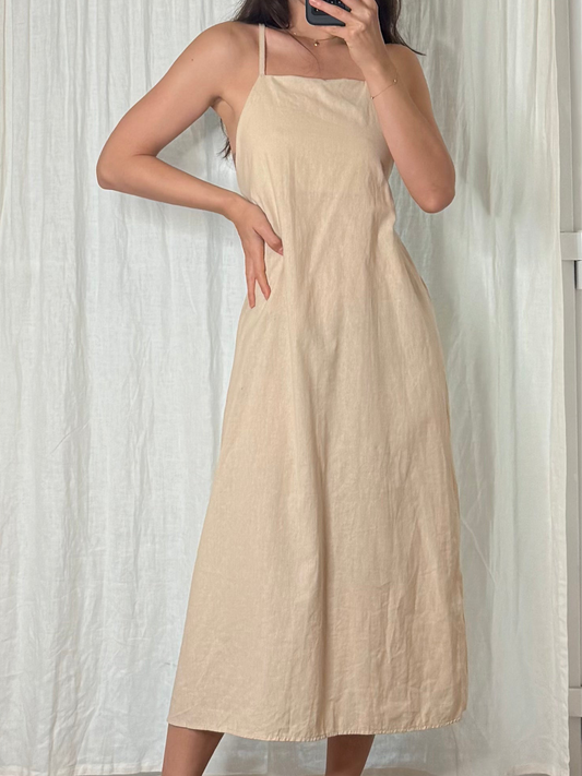 Cotton Blend Low Back Midi Dress Cream S