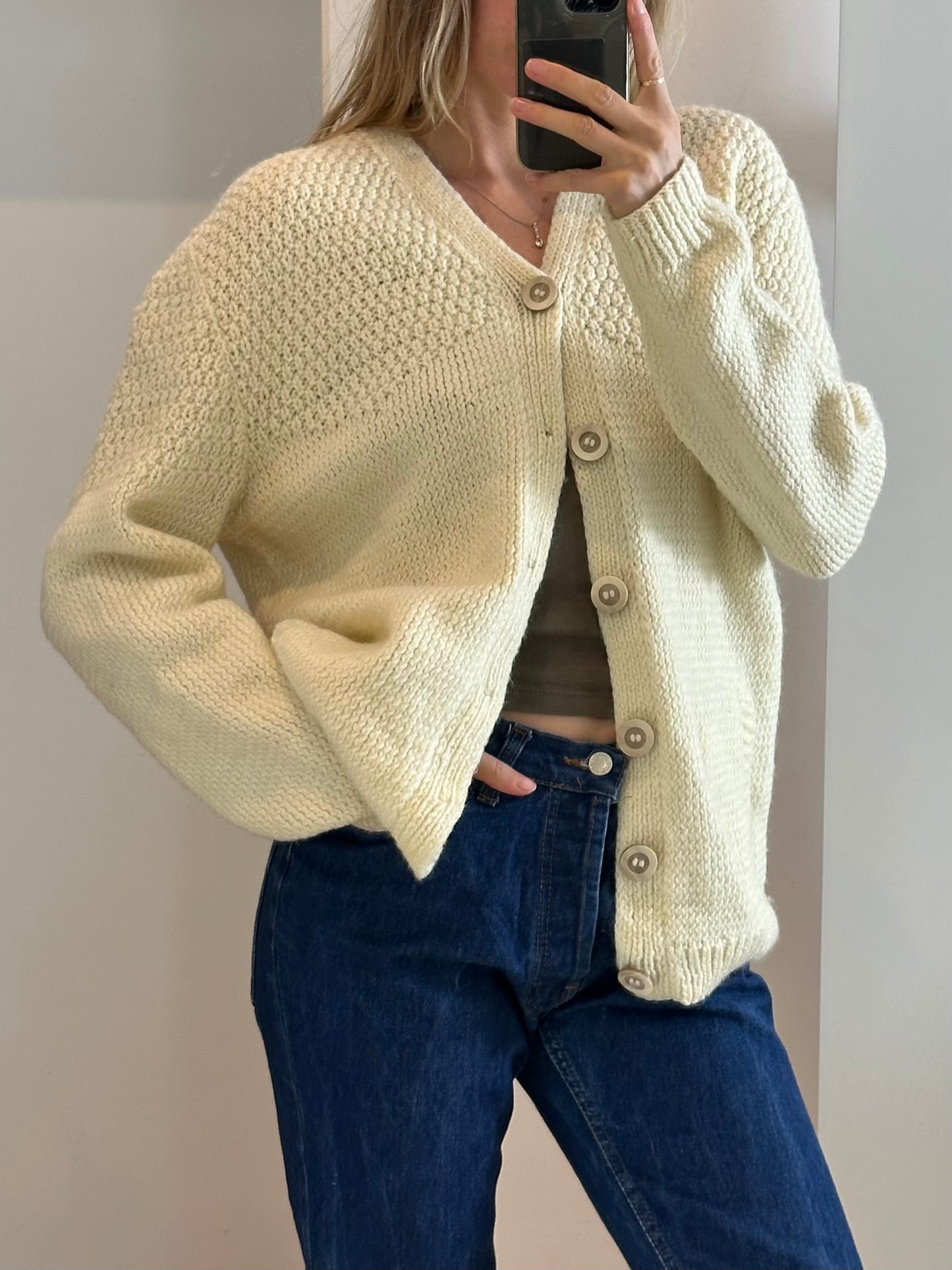 Hand knit Cream Cardigan L