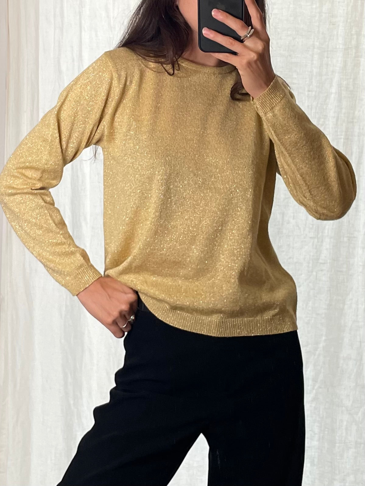 Vintage Yellow/Gold Metallic Long Sleeve Sweater Top S/M