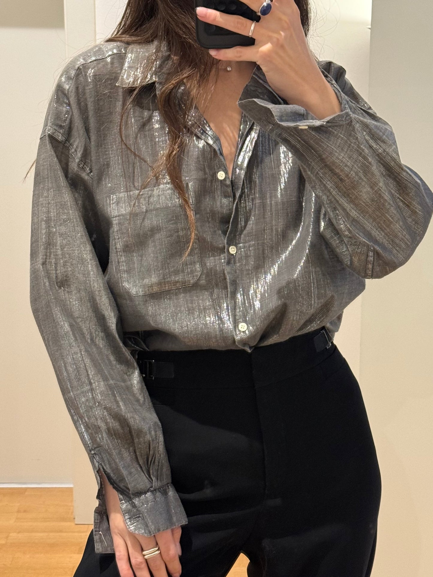 Vintage Gunmetal Gray/Silver Metallic Button Down Blouse Top M