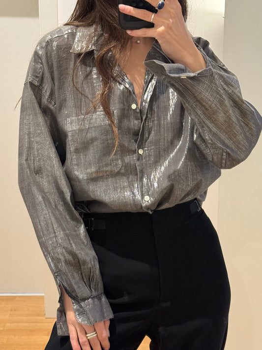 Vintage Gunmetal Gray/Silver Metallic Button Down Blouse Top M