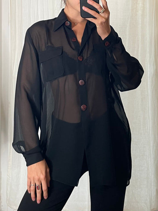 Vintage Black Sheer Button Down Blouse M