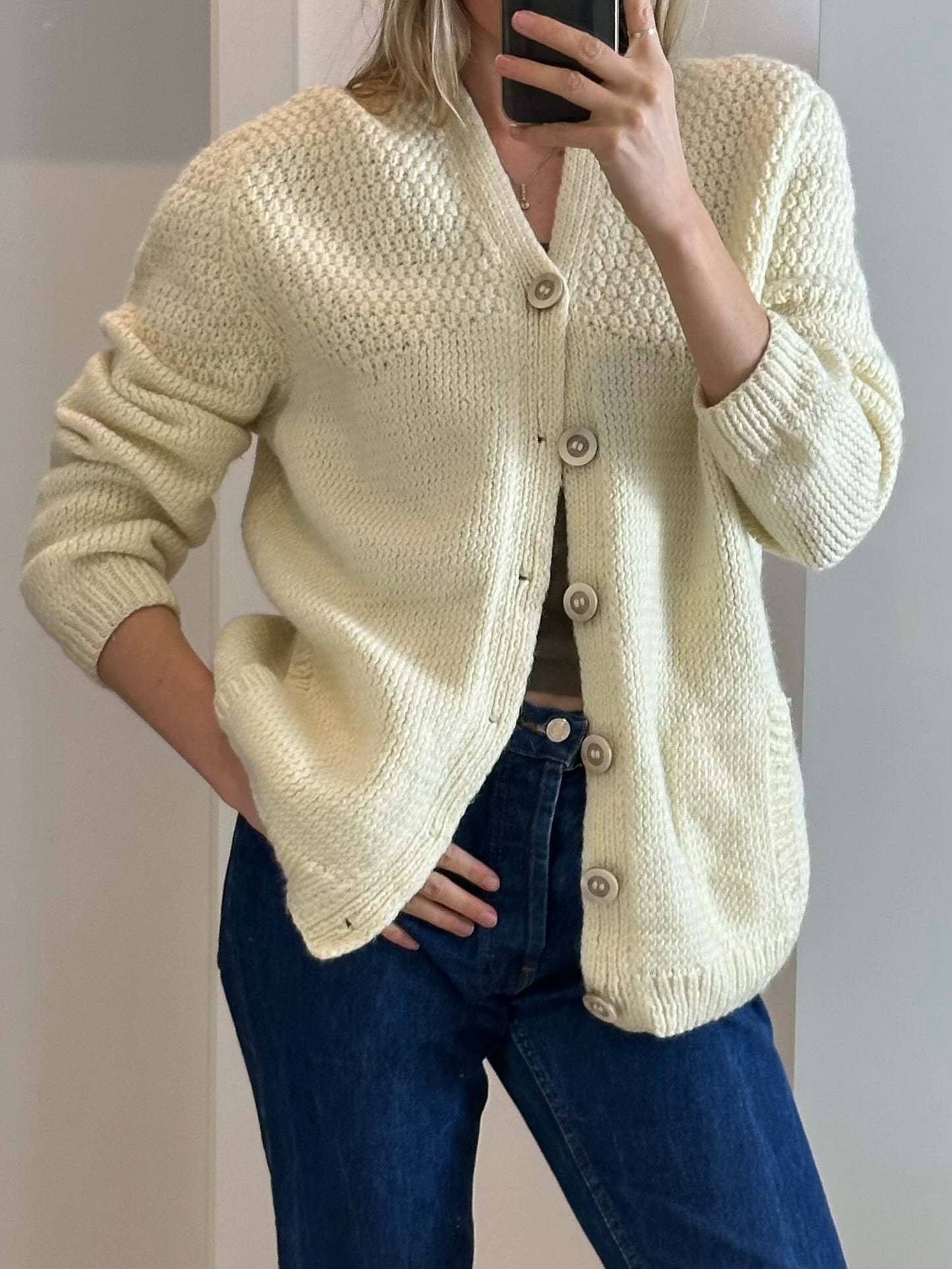 Hand knit Cream Cardigan L