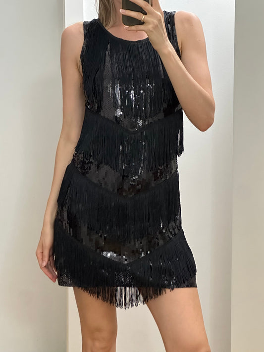 Black Sequins Fringe Dress M