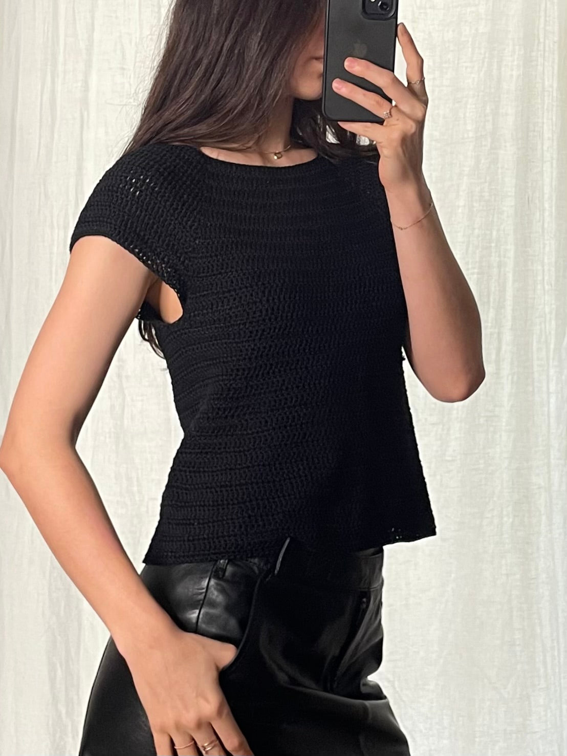 Vintage Simple Black Crochet Top S