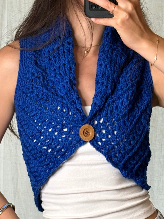 Vintage Royal Blue Handmade Knitted Crop Cardigan Bolero XS/S
