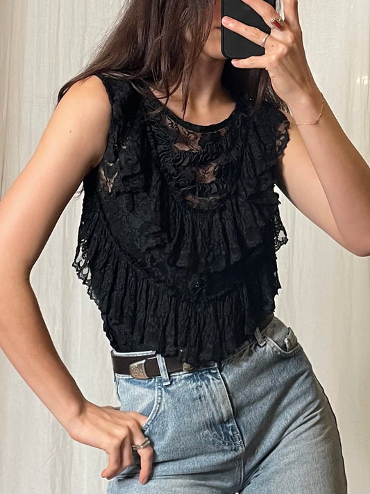 Vintage Black Lace Ruffle Top S