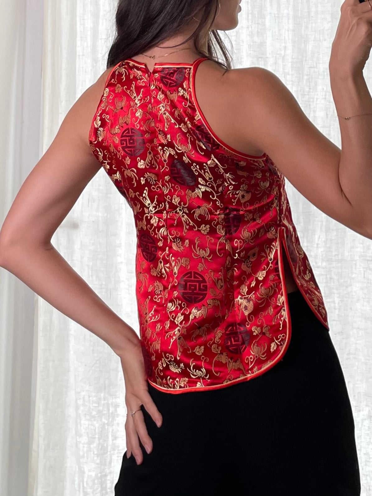 Vintage 100% Silk Red Asian/Oriental Top XS/S