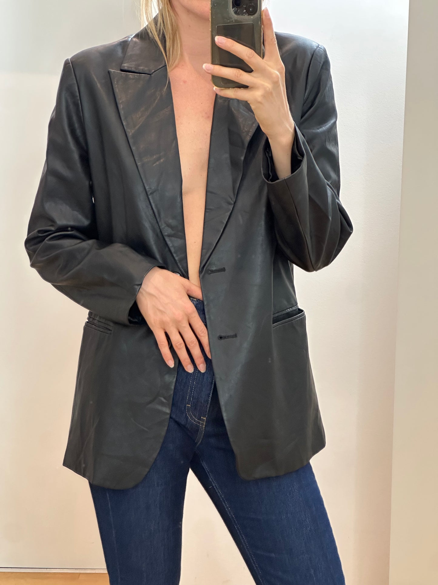 Black Faux Leather Blazer Jacket M