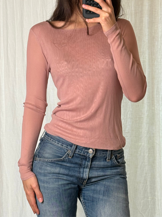 100% Silk Vintage Rose Coloured Boat Neck Long Sleeve Top S/M