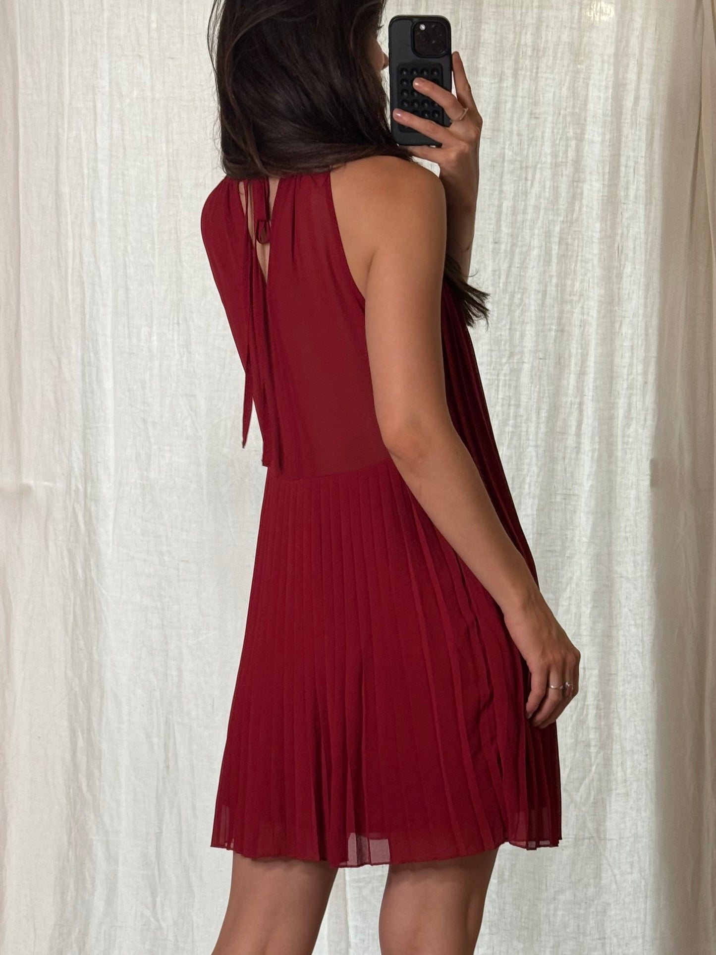 Red Pleated Halter Knee Length Dress S
