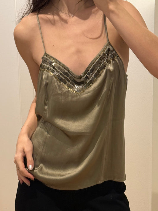 Shiny Taupe Silk Beaded Tank Top S/M