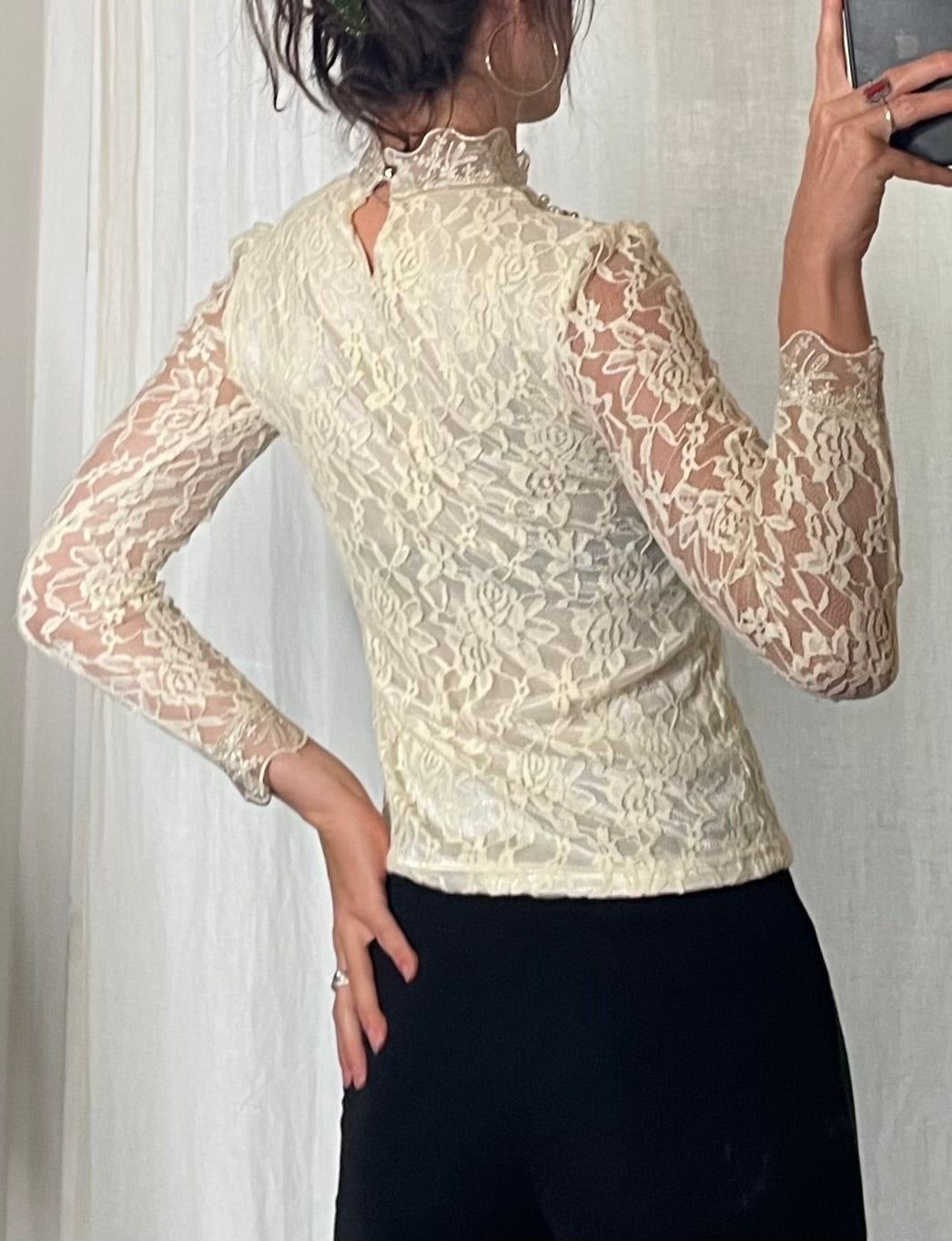 Vintage Lace Sparkly Pearl Lace Long Sleeve Top S