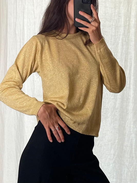 Vintage Yellow/Gold Metallic Long Sleeve Sweater Top S/M