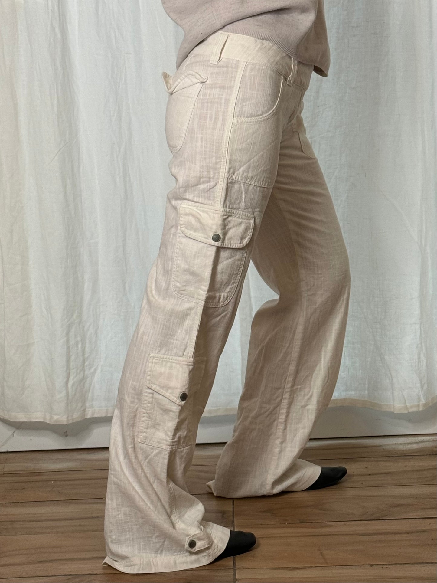 Vintage White Y2K Cotton Low Waisted Cargo Trousers M 38