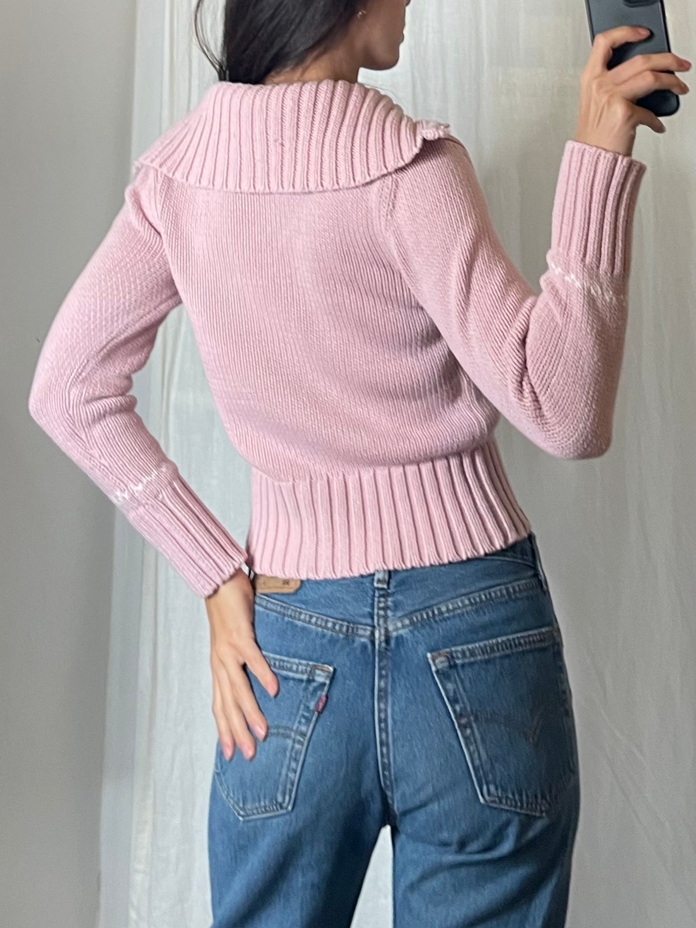 Pastel Baby Pink Snowflake Zip Sweater S