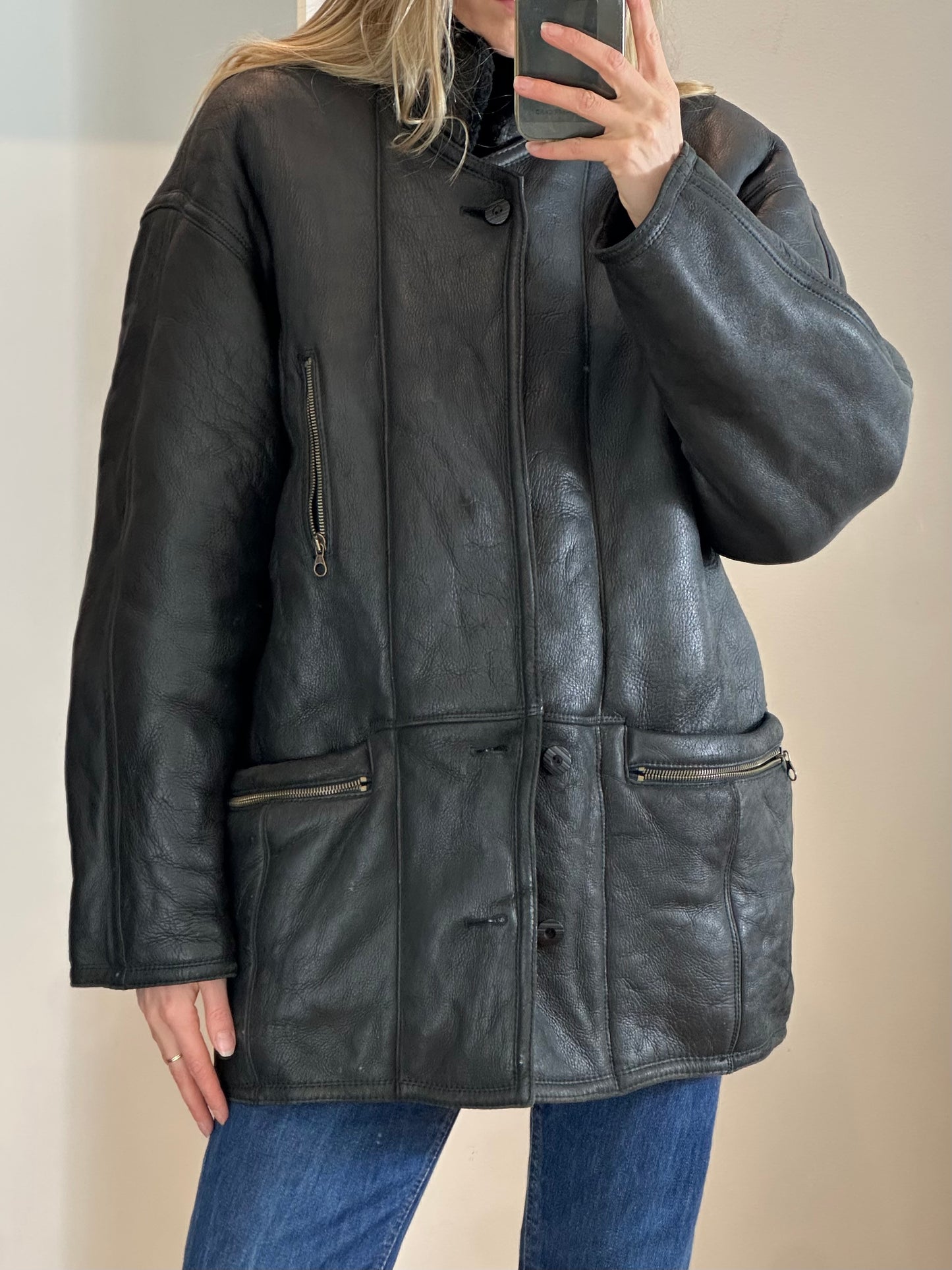 Vintage Black Shearling Jacket L