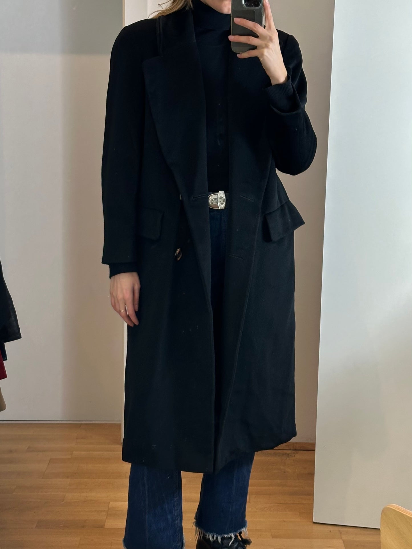 Vintage Black Wool Angora Cashmere Coat L