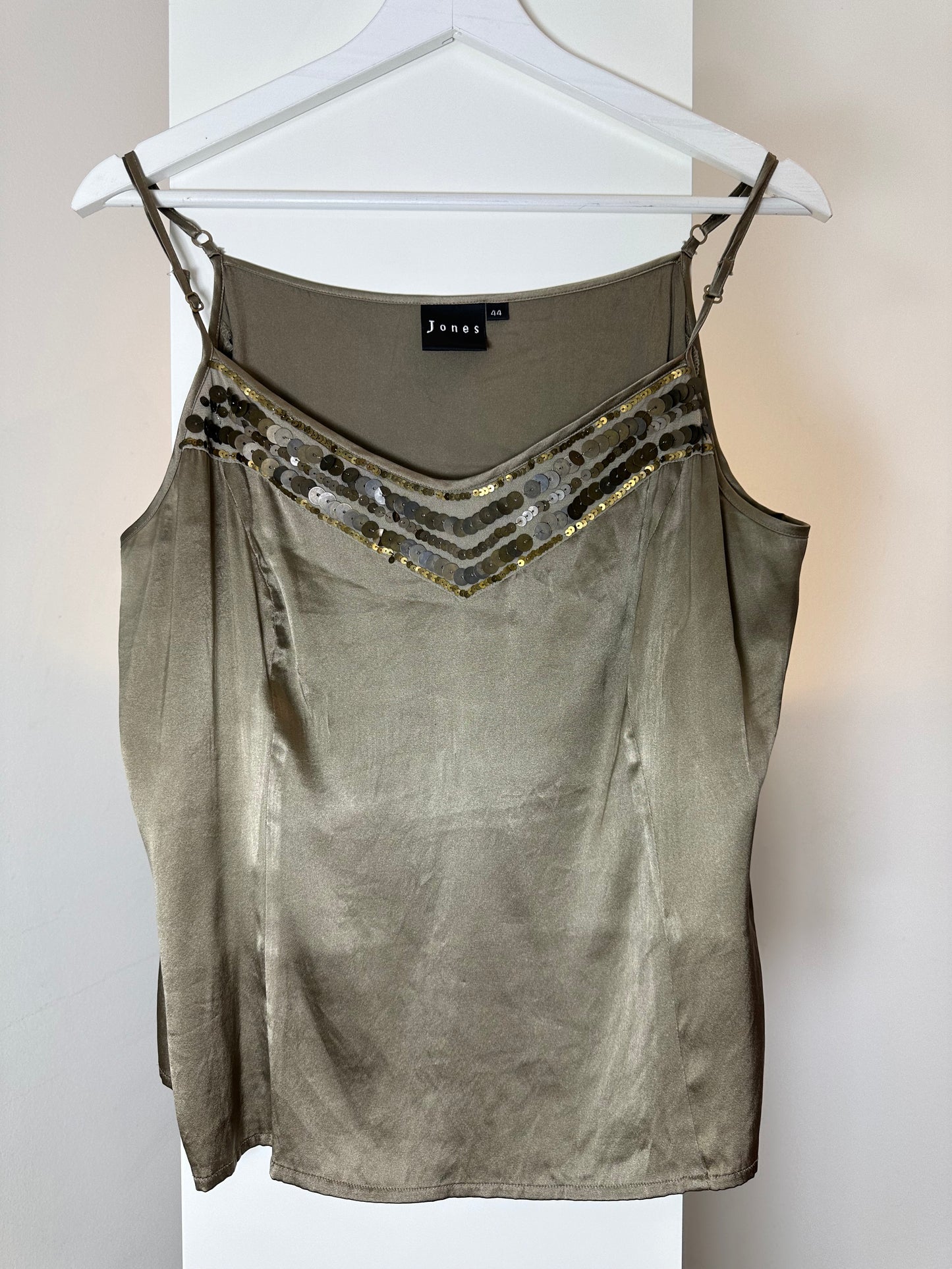 Shiny Taupe Silk Beaded Tank Top S/M