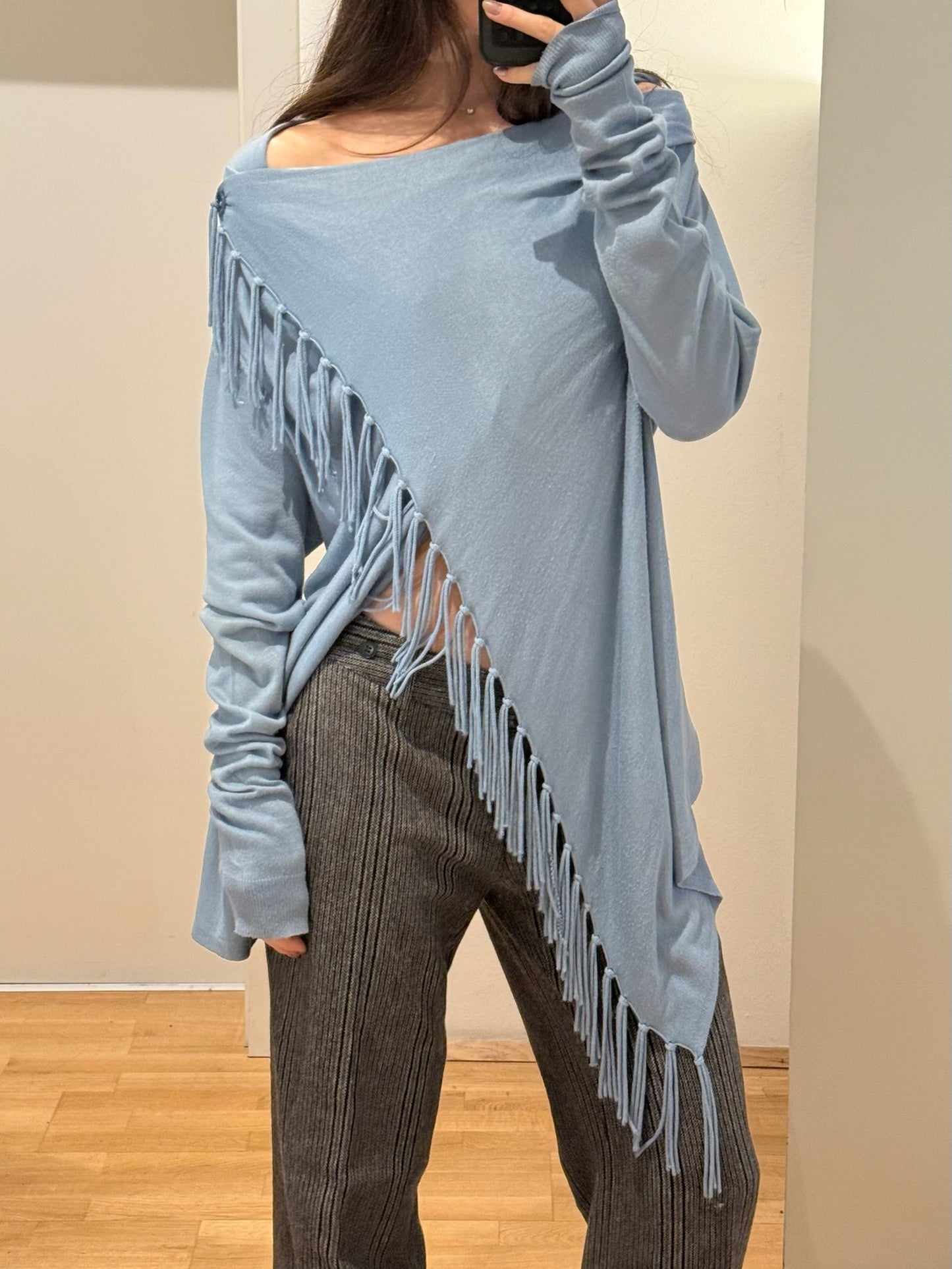 Jones Light Blue Viscose Blend Tassel/Fringe Asymmetrical Top L
