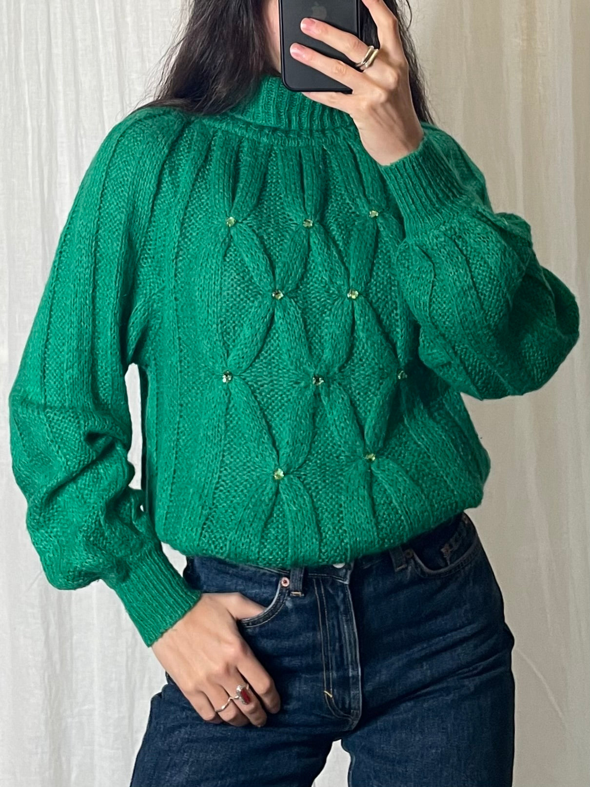 Vintage Emerald Green Mohair Cable Knit Rhinestone Turtleneck Sweater M