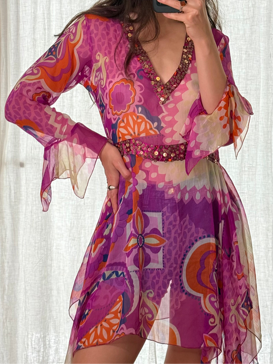 Colourful Printed Pink Multicolour Tunic Sheer Top S