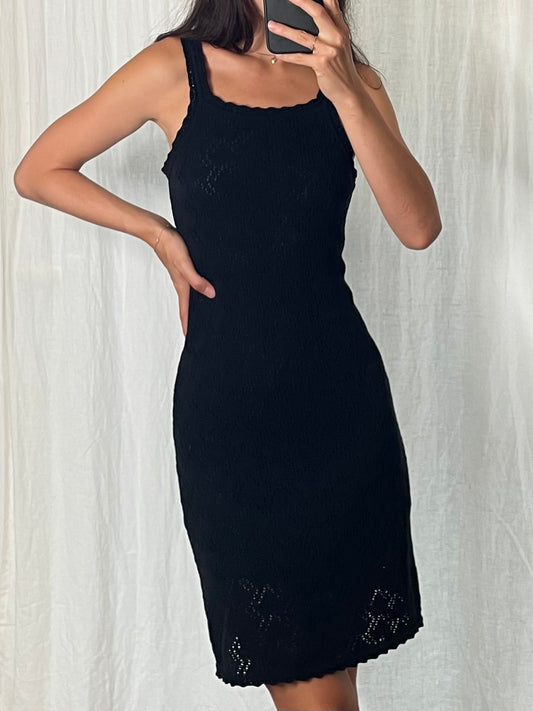 Vintage Black Knitted Cotton Blend Midi Racer Back Dress S