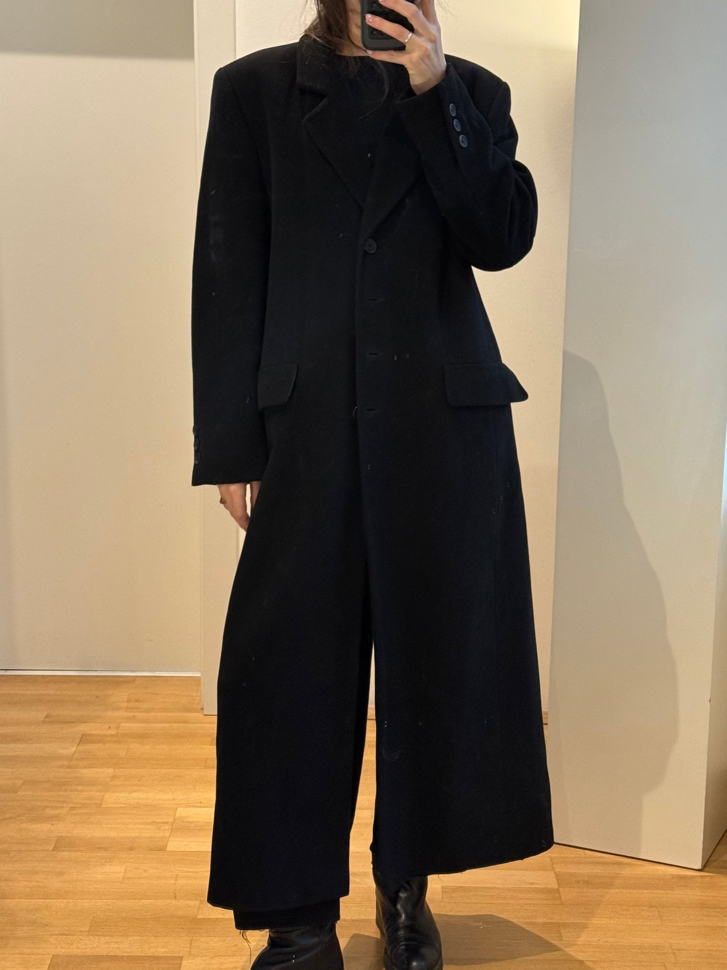 Vintage Black Wool & Cashmere Maxi Coat M