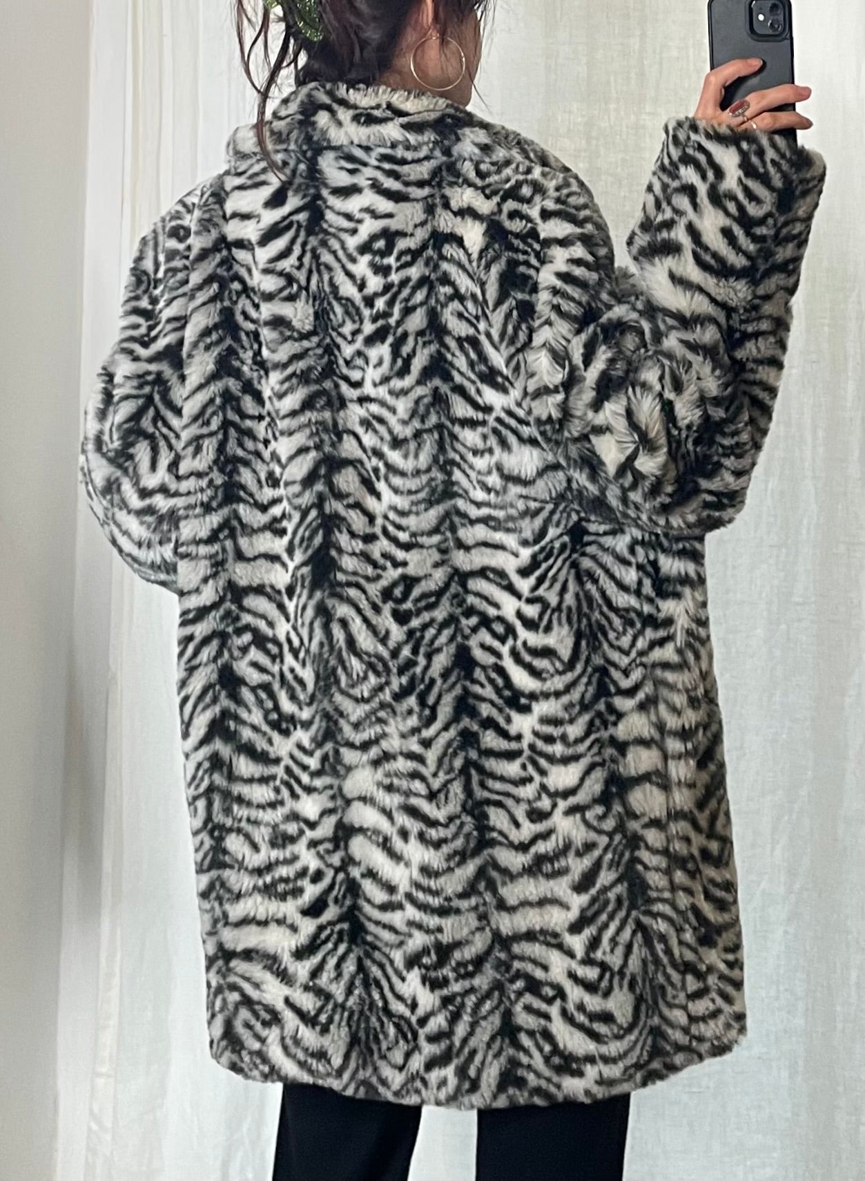 Vintage Zebra Print Fluffy Faux Fur Coat M