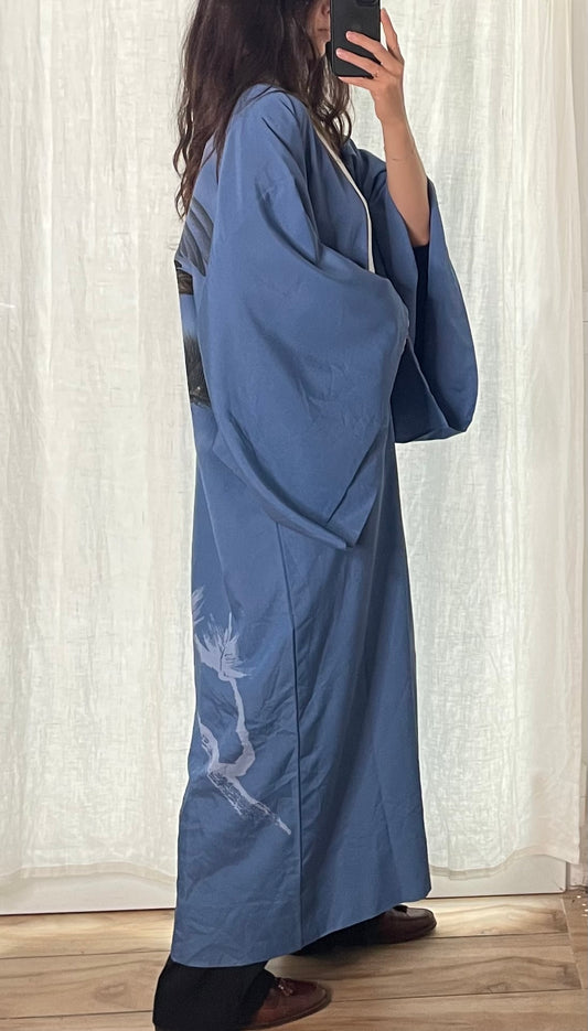 Vintage Blue Maxi Japanese Kimono Jacket One Size