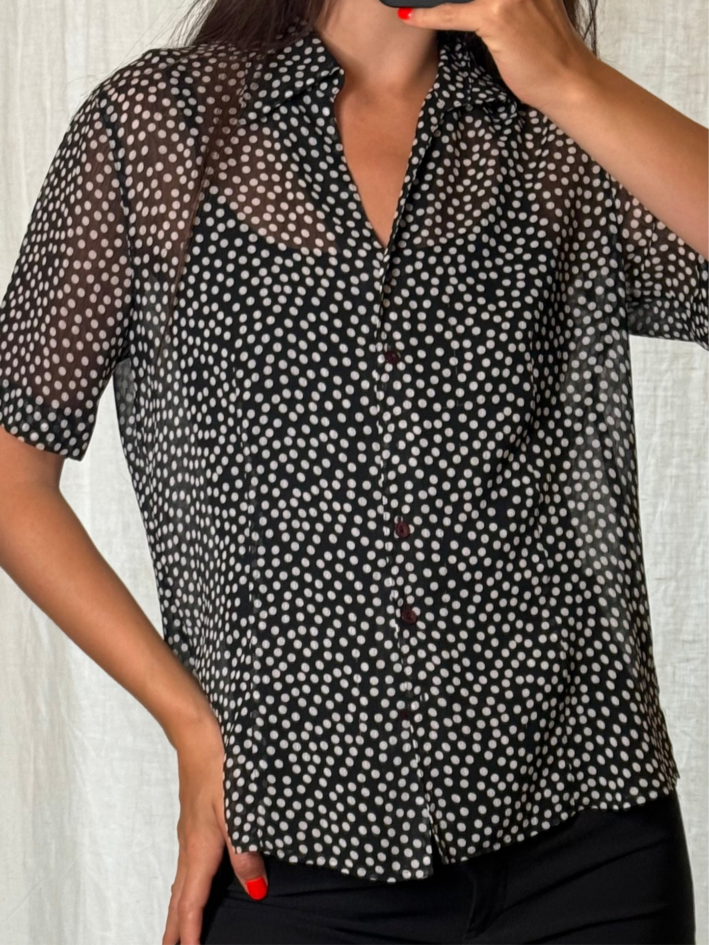 Black & White Polka Dot Collared Shirt Top S
