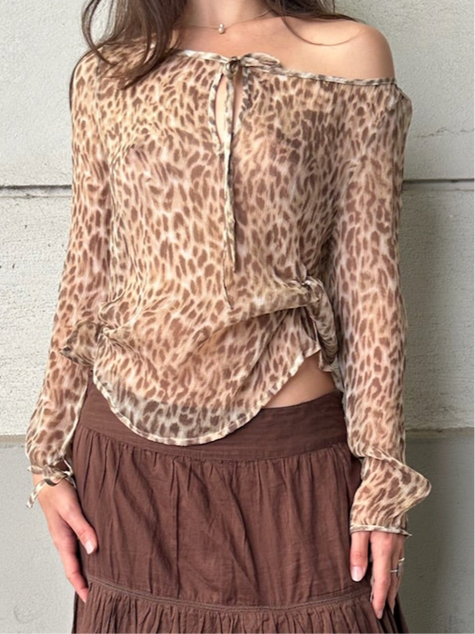 100% Silk Leopard Tie Neckline Blouse S/M