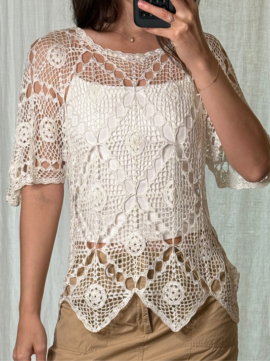 Vintage Rayon White Knitted Crochet Top S