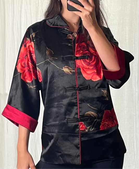 Vintage Asian/Oriental Black Red Floral 3/4 Sleeve Blouse S/M