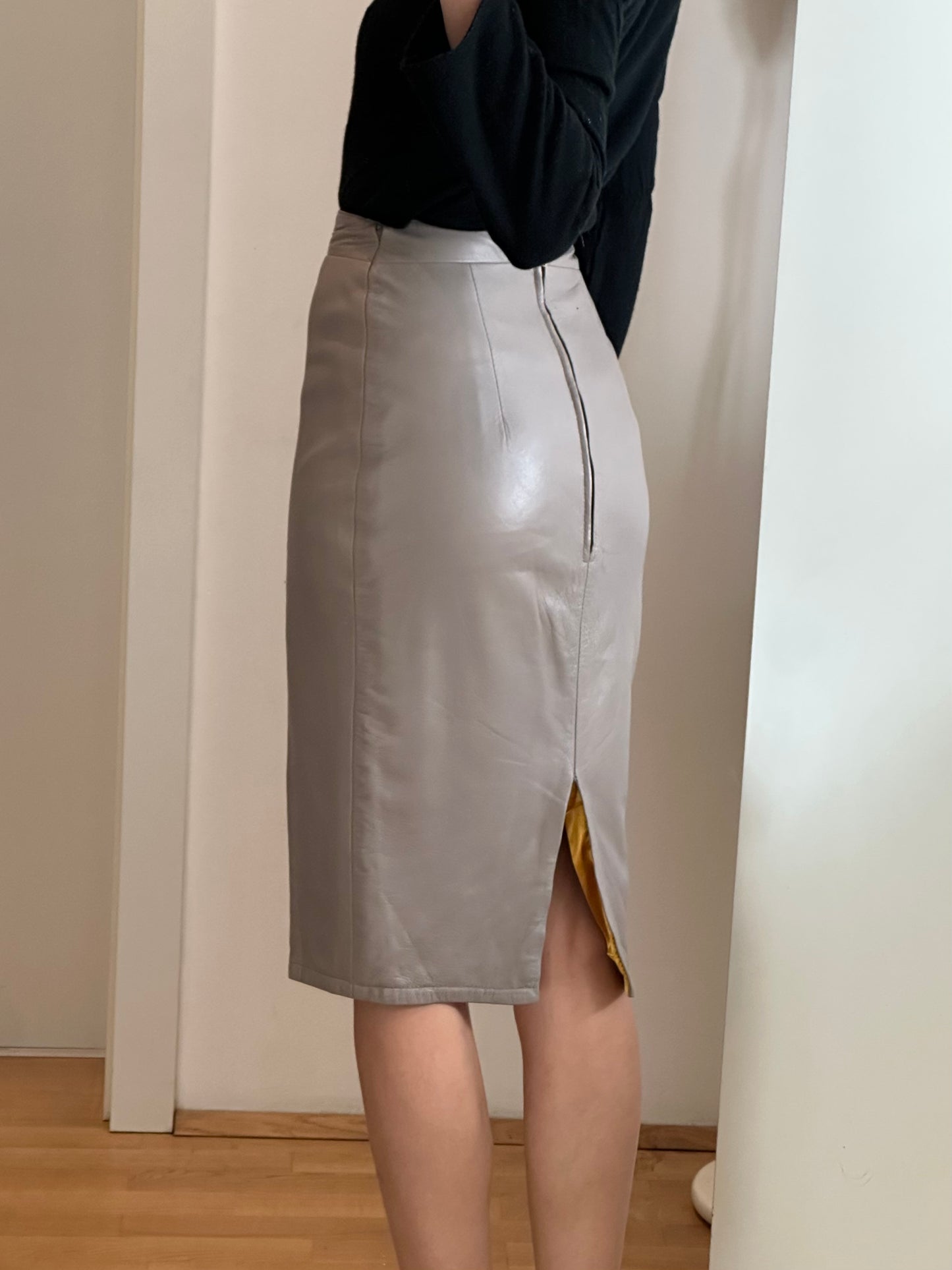 Vintage Gray Leather Midi Skirt S