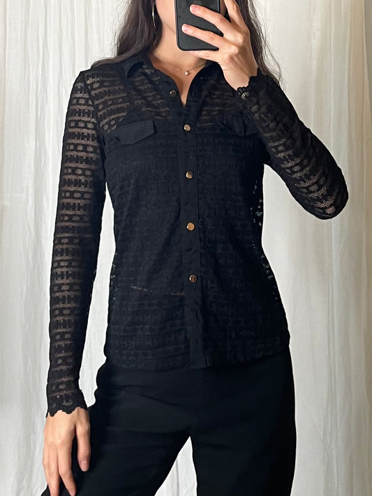 Vintage Black Lace Gold Button Up Blouse S